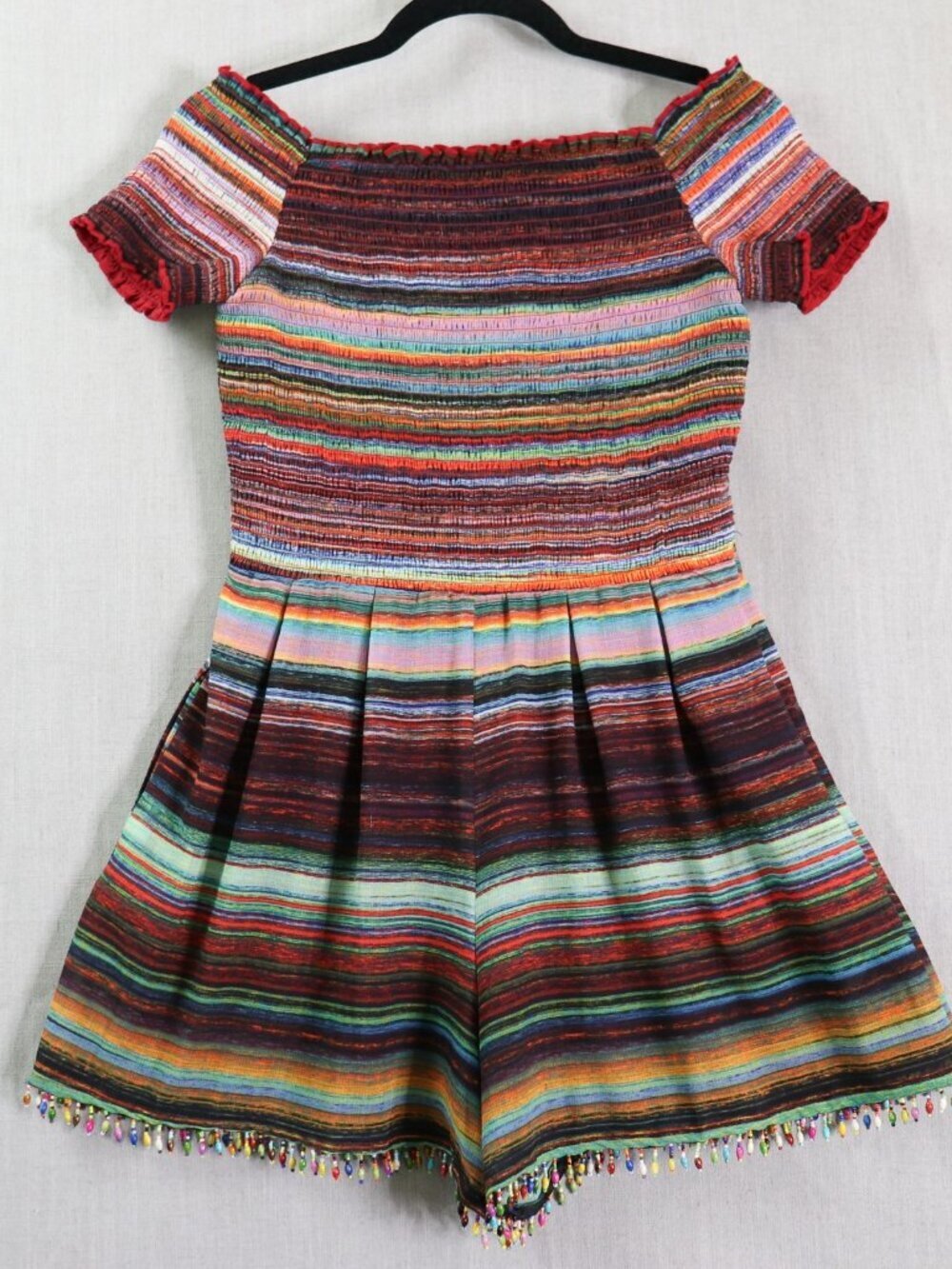 Nicole Miller Off The Shoulder Smocked Striped Romper Beaded Fringe Size 8 Lined - Picture 3 of 13